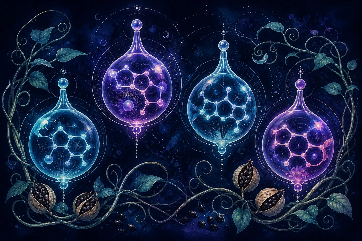 Four luminous glass forms with related molecular motifs among botanical vines